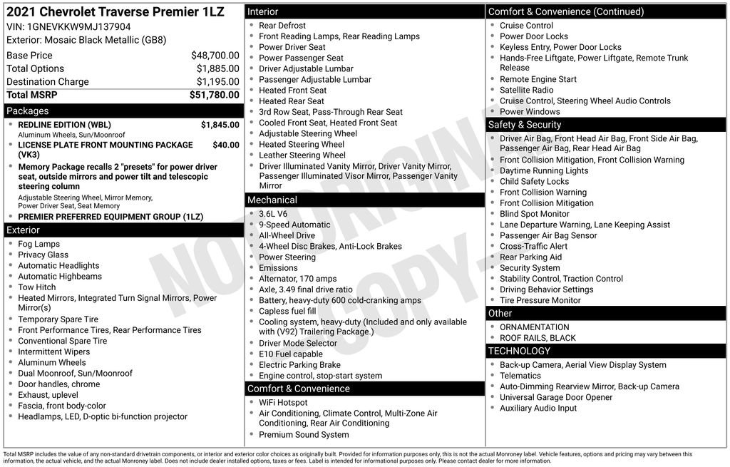 Used 2021 Chevrolet Traverse Premier w/ Redline Edition AWD/4WD image 7