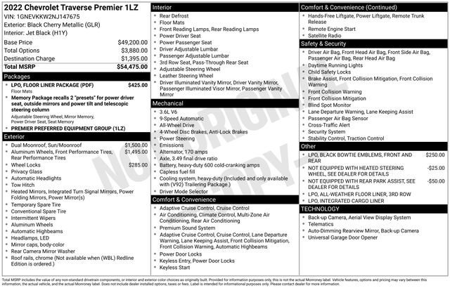 Used 2022 Chevrolet Traverse Premier w/ LPO, Floor Liner Package AWD/4WD image 53