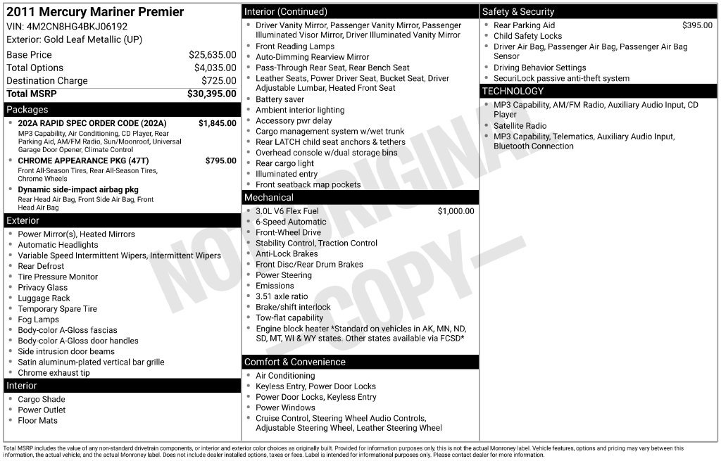 Used 2011 Mercury Mariner Premier w/ 202A Rapid Spec Order Code FWD image 1