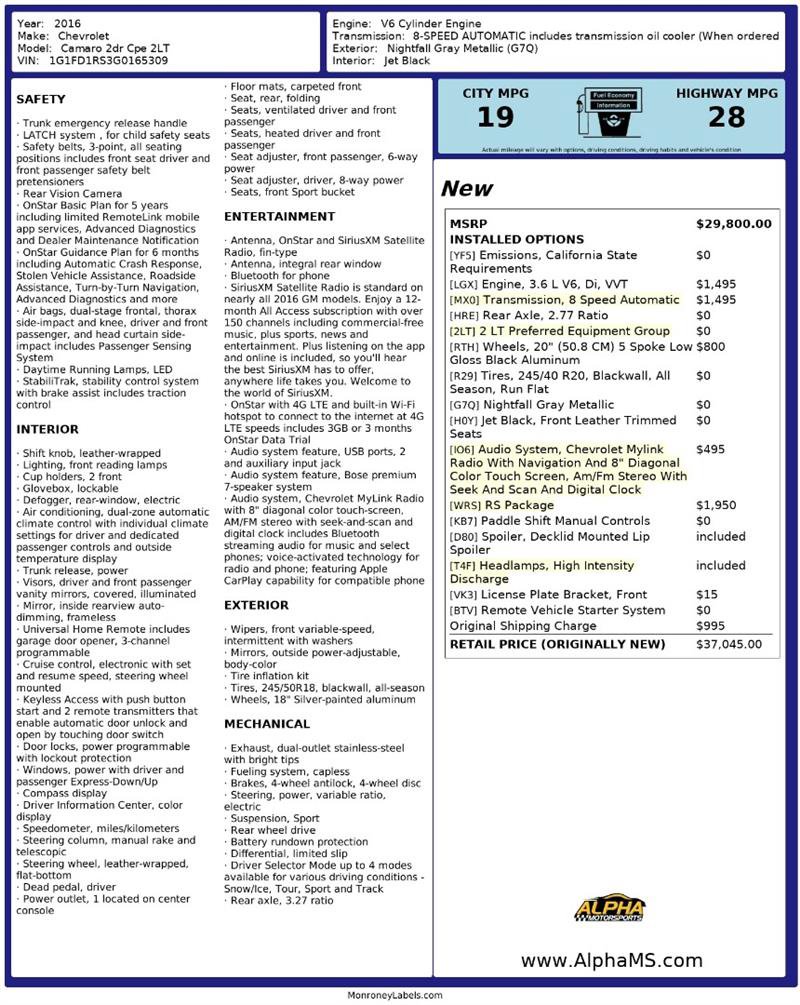 Used 2016 Chevrolet Camaro LT w/ RS Package image 3