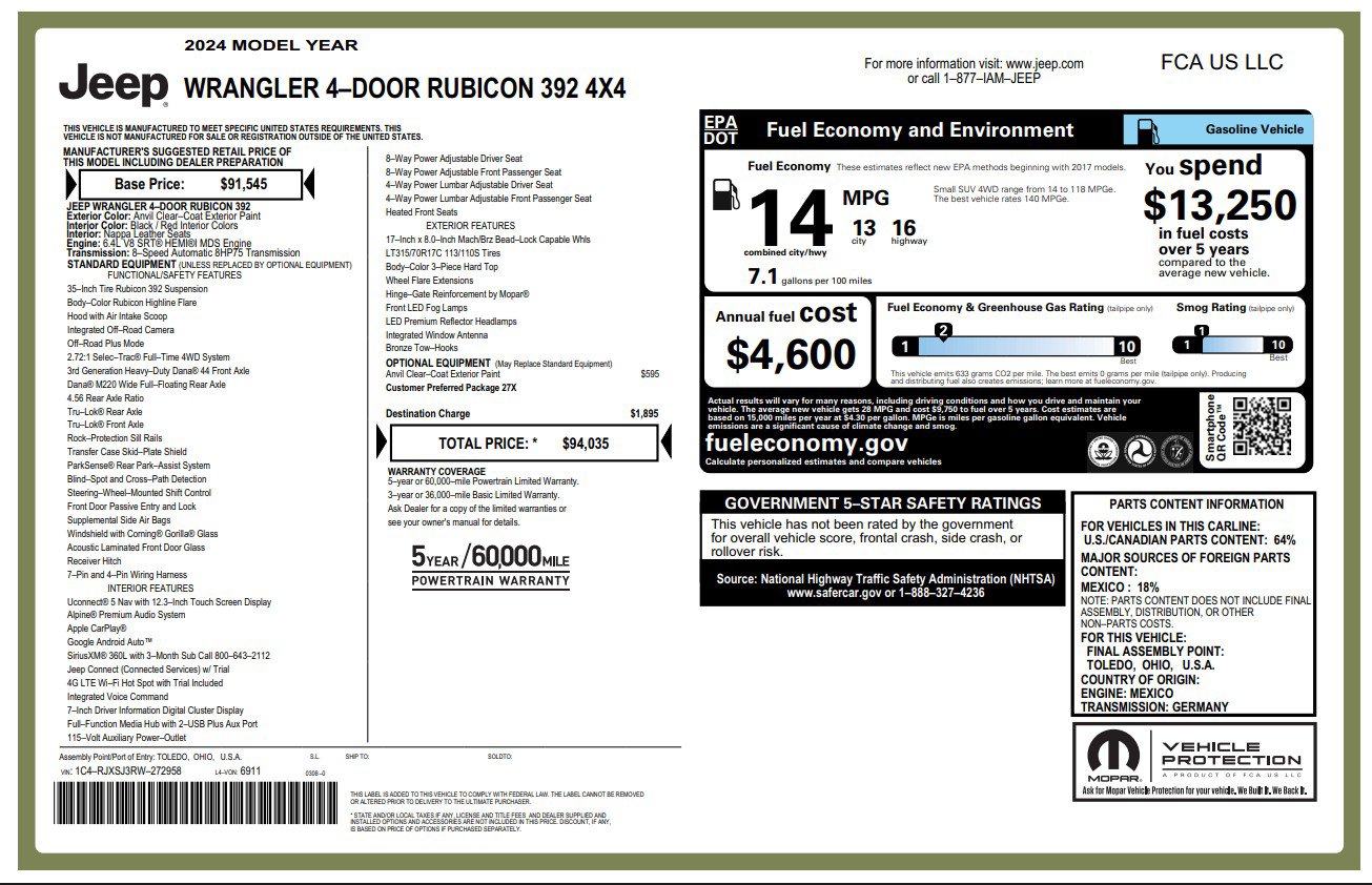 Used 2024 Jeep Wrangler Unlimited Rubicon 392 AWD/4WD image 9