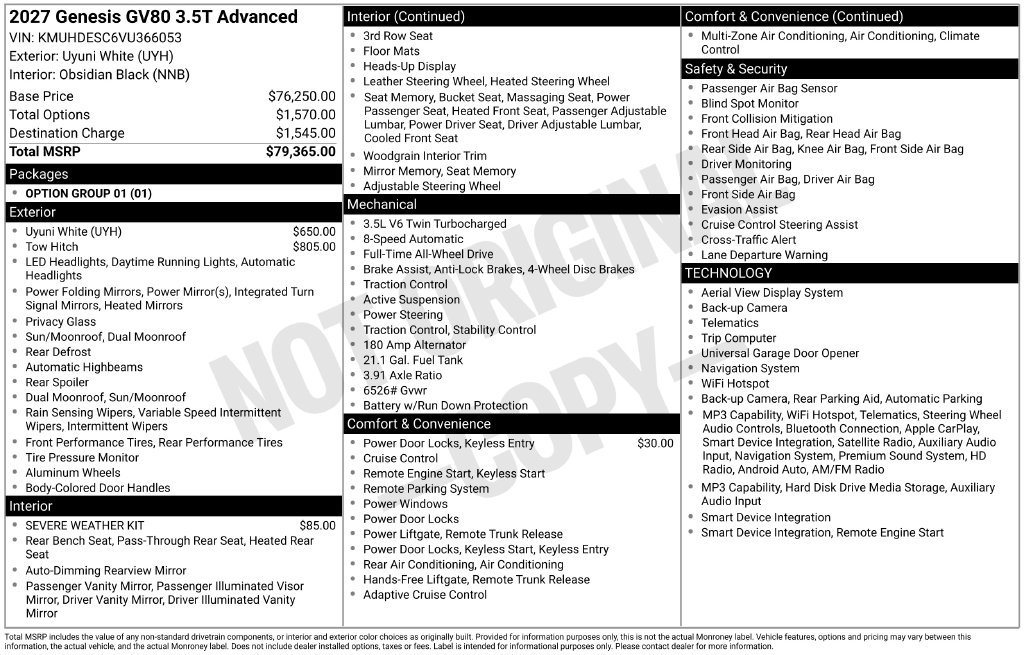 New 2027 Genesis GV80 3.5T Advanced AWD/4WD image 16