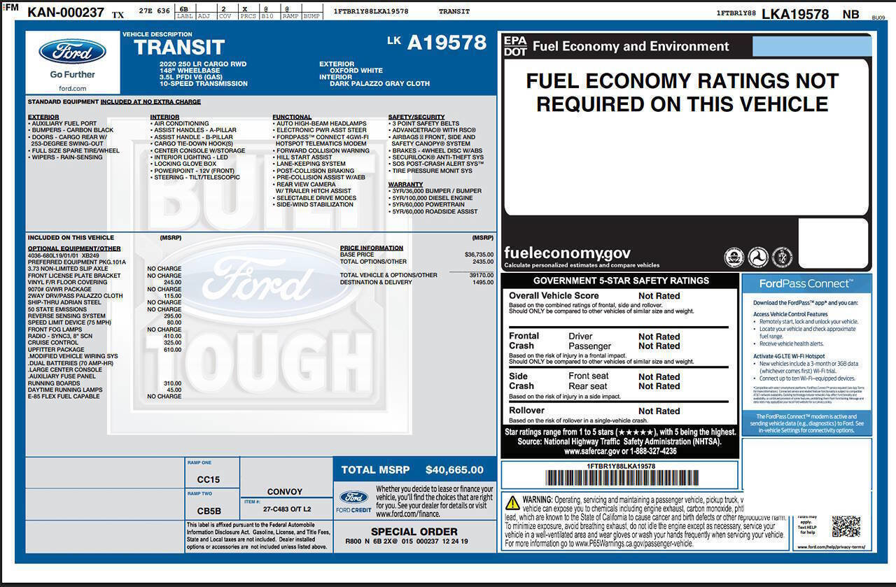 Used 2020 Ford Transit 250 250 3dr LWB Low Roof Cargo Van w/ Upfitter Package image 7