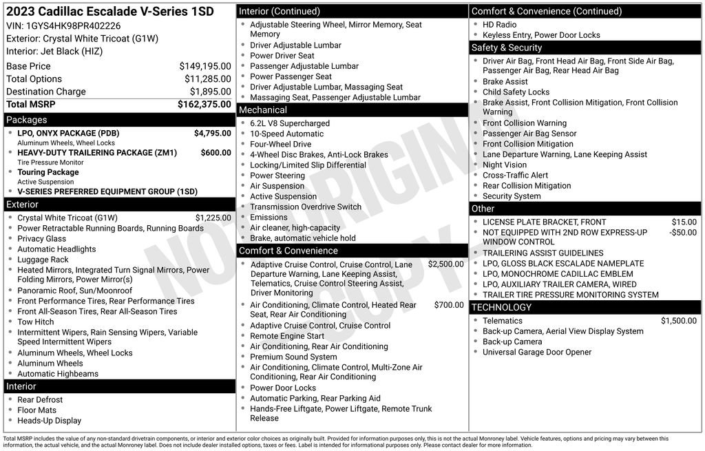 Certified 2023 Cadillac Escalade V w/ LPO, ONYX Package