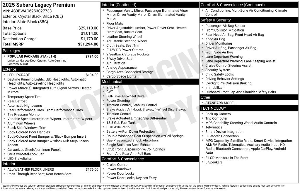Certified 2025 Subaru Legacy Premium w/ Popular Package #1A AWD/4WD image 6