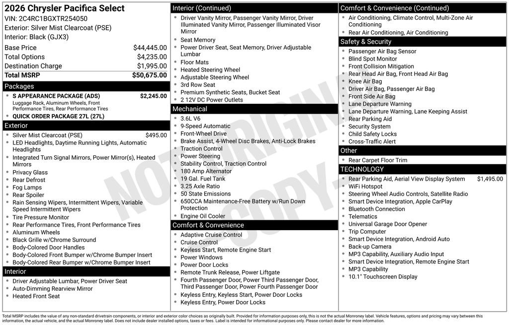 Used 2026 Chrysler Pacifica Select w/ S Appearance Package FWD image 8