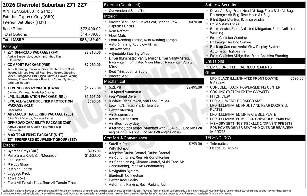 New 2026 Chevrolet Suburban Z71 w/ Z71 Off-Road Package image 2
