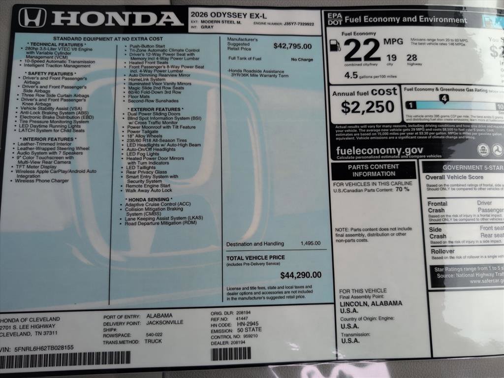 New 2026 Honda Odyssey EX-L image 17