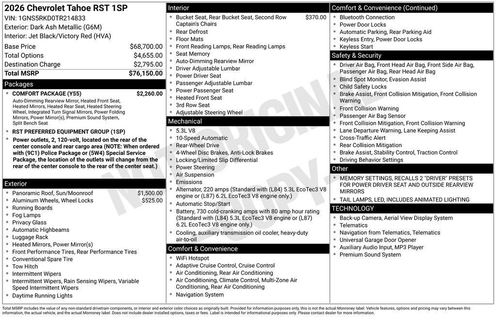 New 2026 Chevrolet Tahoe RST w/ Comfort Package image 35