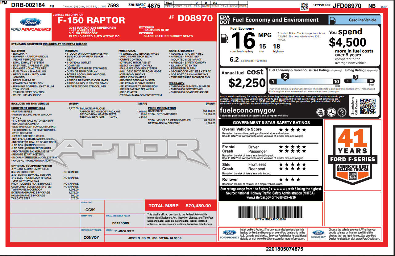 Used 2018 Ford F150 Raptor w/ Equipment Group 802A Luxury image 84
