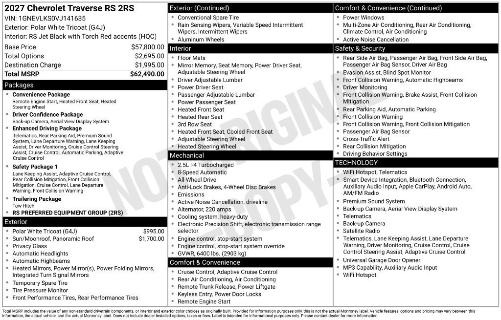 New 2027 Chevrolet Traverse RS AWD/4WD image 11