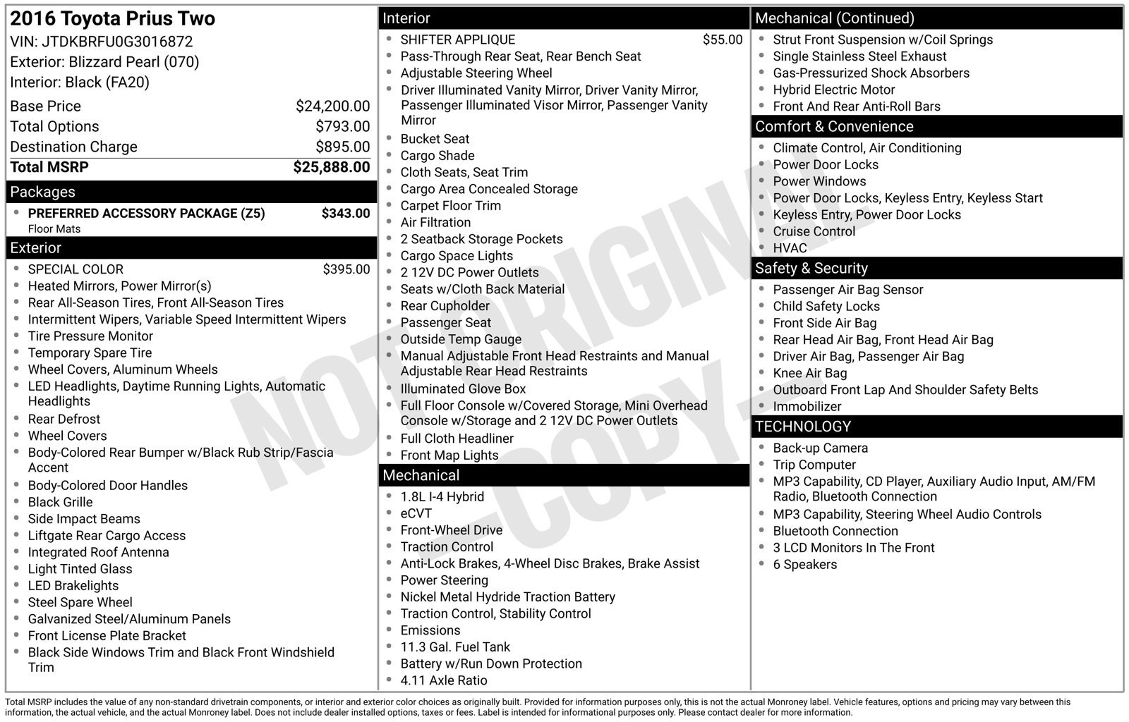 Used 2016 Toyota Prius Two w/ Preferred Accessory Package FWD image 15