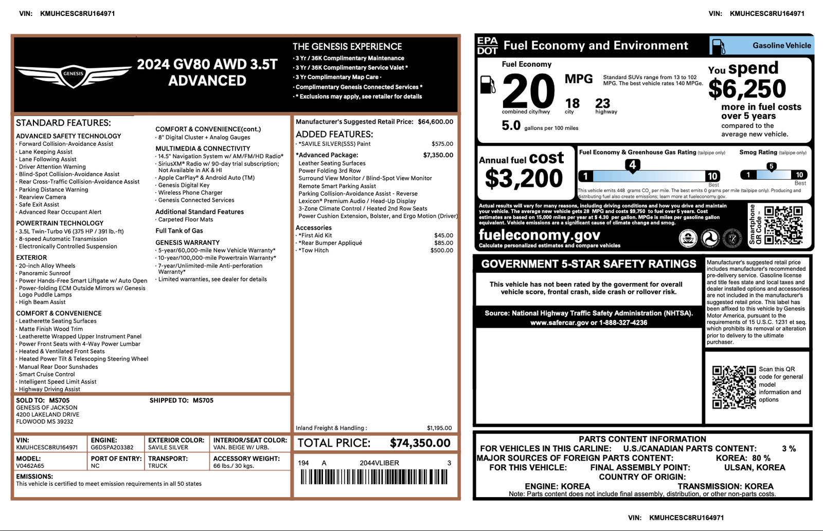 Certified 2024 Genesis GV80 3.5T Advanced w/ Advanced Package AWD/4WD image 3