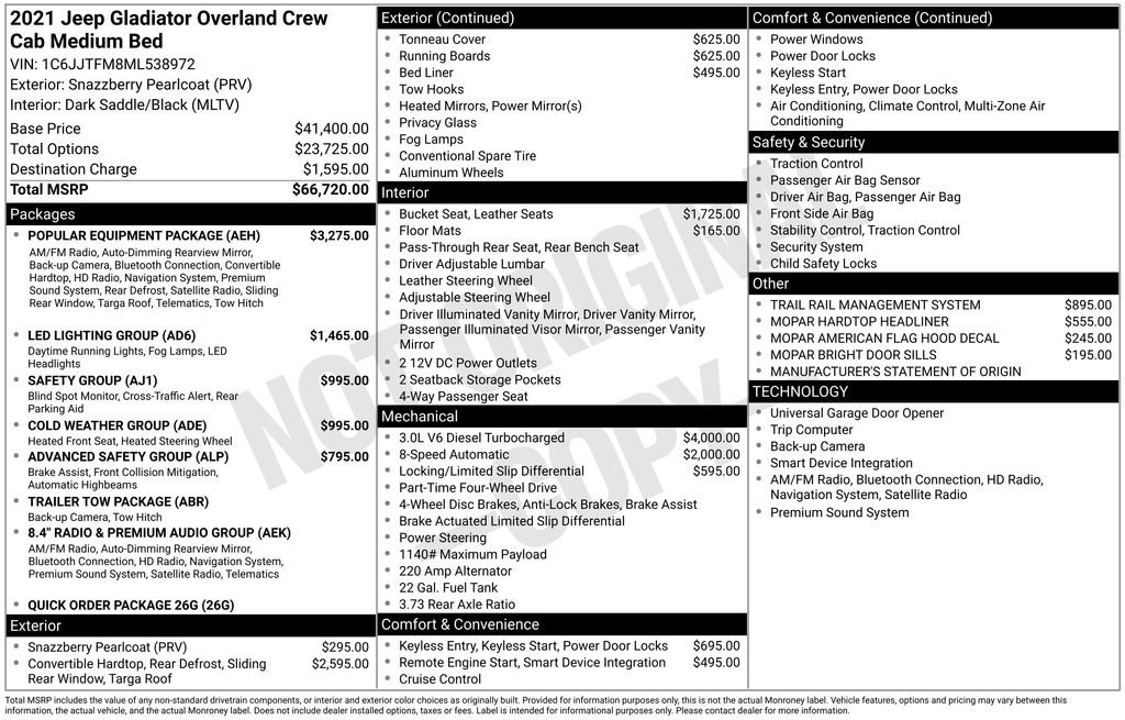 Used 2021 Jeep Gladiator Overland w/ Popular Equipment Package AWD/4WD image 15