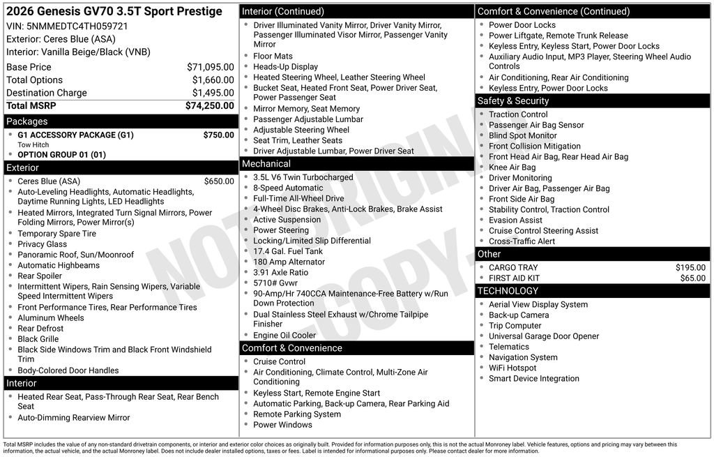 New 2026 Genesis GV70 3.5T Sport Prestige w/ G1 Accessory Package AWD/4WD image 2