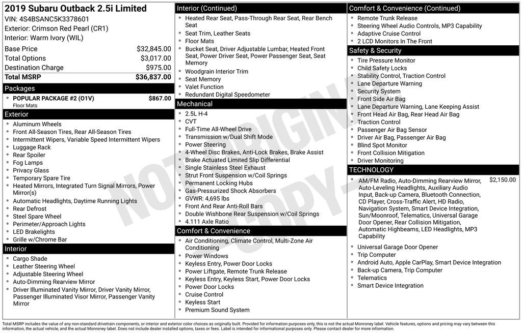 Used 2019 Subaru Outback 2.5i Limited w/ Popular Package #2 image 61