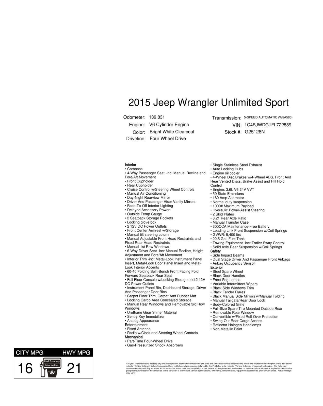 Used 2015 Jeep Wrangler Unlimited Sport w/ Quick Order Package 24S image 4