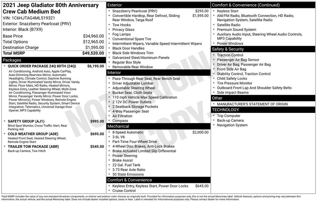 Certified 2021 Jeep Gladiator Sport w/ Quick Order Package 24Q 80Th image 44