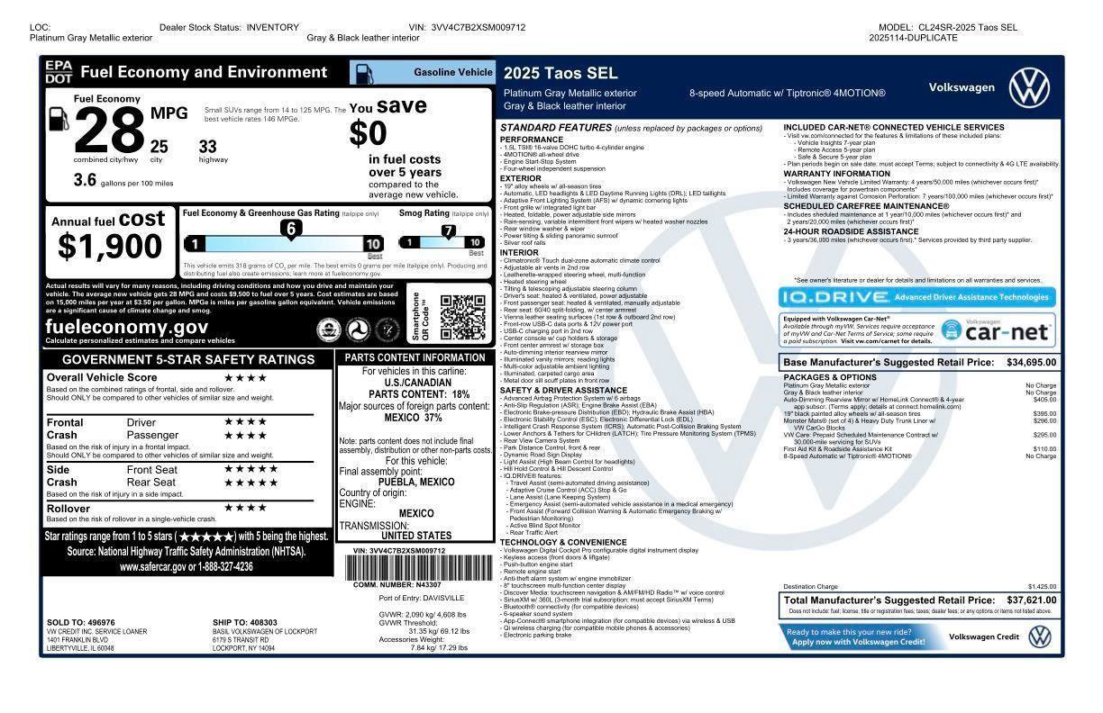 Used 2025 Volkswagen Taos SEL w/ Black Wheel Plus Package image 44