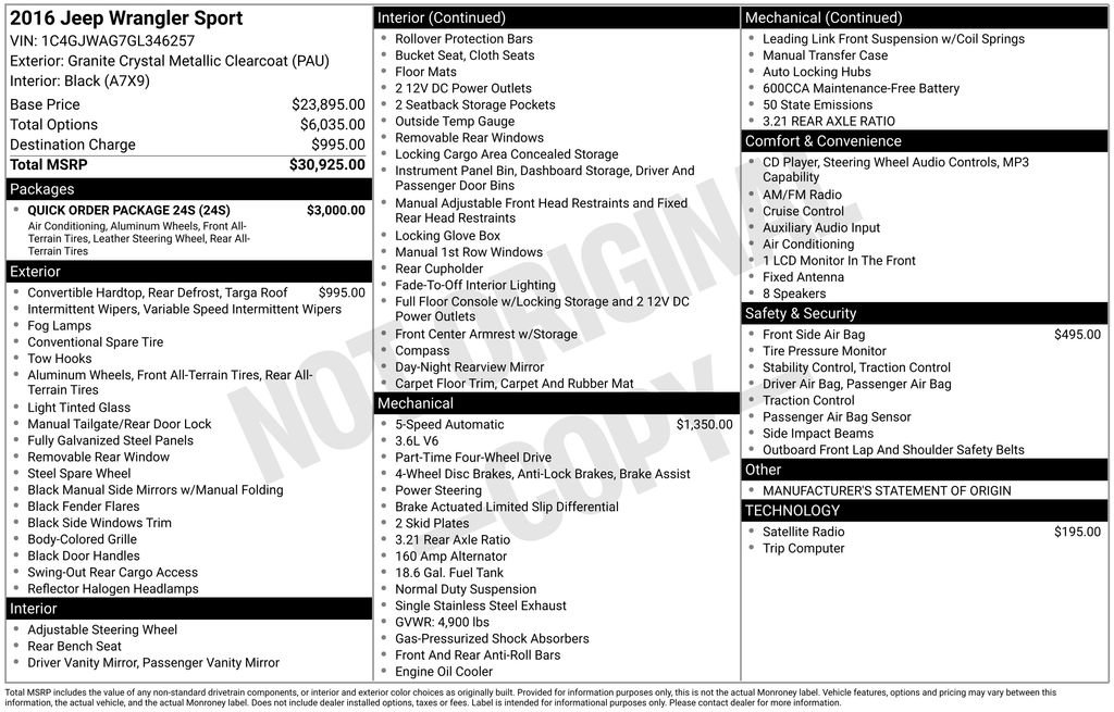 Used 2016 Jeep Wrangler Sport w/ Quick Order Package 24S AWD/4WD image 27