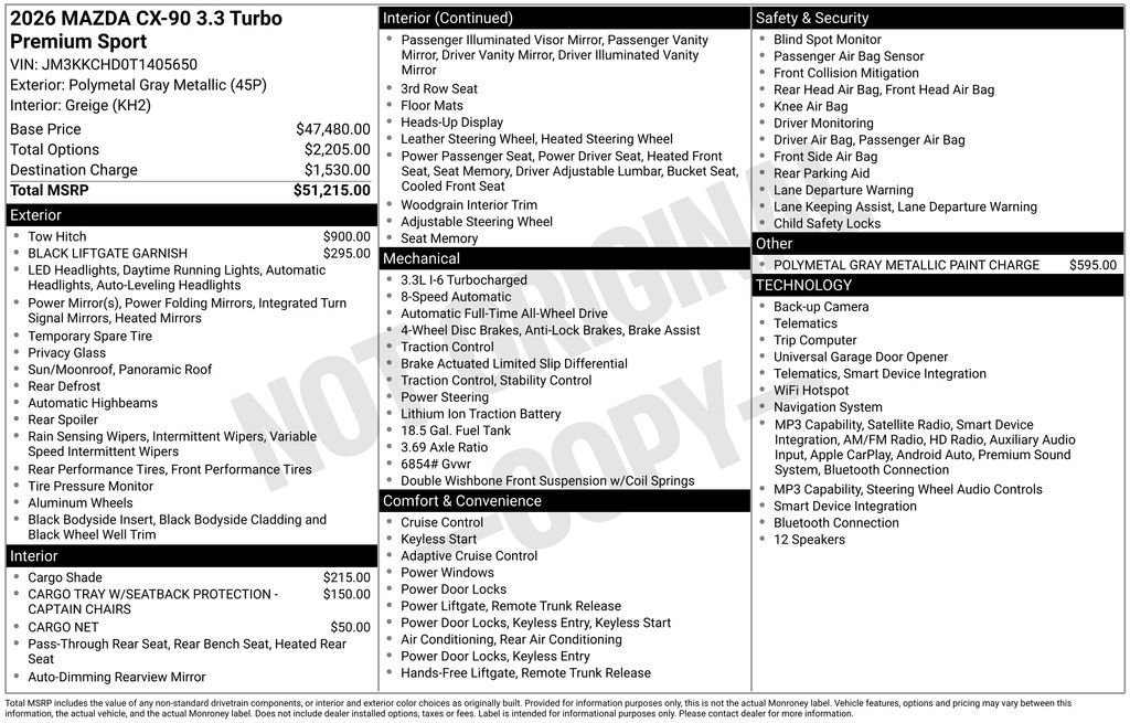New 2026 MAZDA CX-90 3.3 Turbo w/ Premium Sport Pkg AWD/4WD image 38