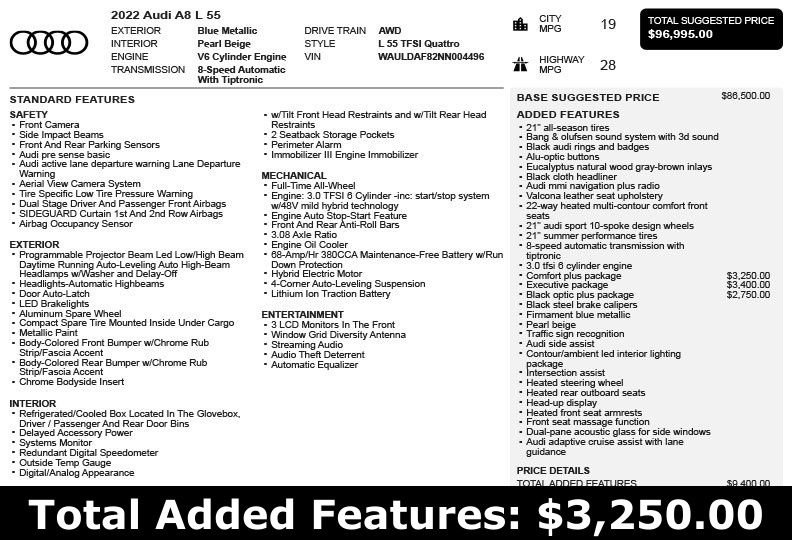 Used 2022 Audi A8 L 3.0T w/ Luxury Package AWD/4WD image 3