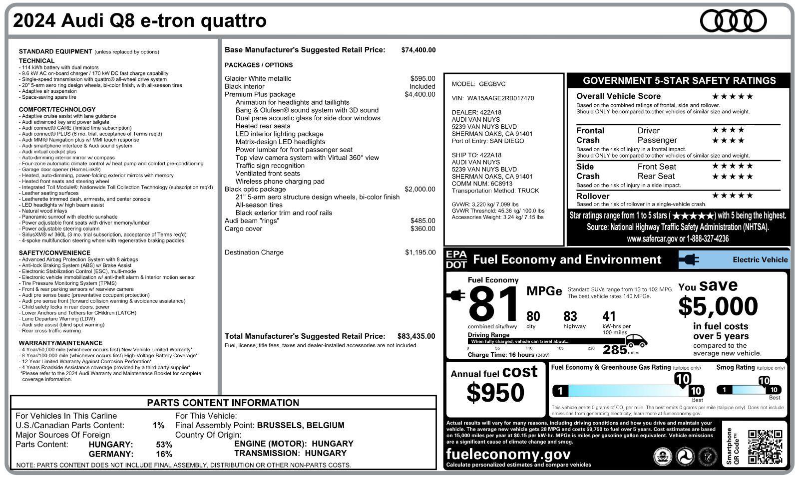 Used 2024 Audi Q8 e-tron Premium Plus w/ Premium Plus Package AWD/4WD image 5