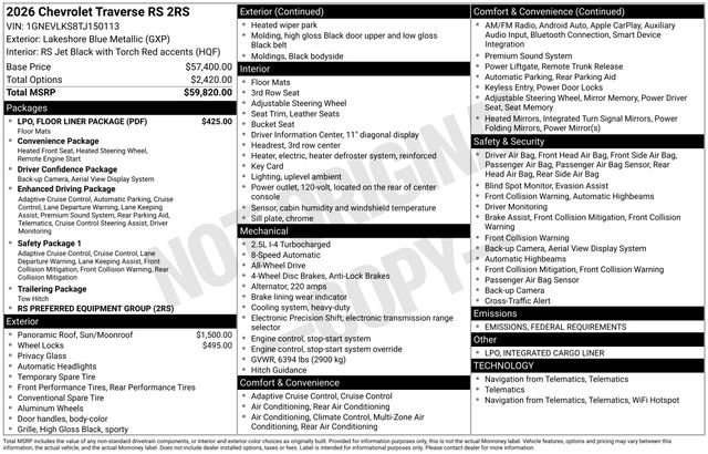 New 2026 Chevrolet Traverse RS w/ LPO, Floor Liner Package image 3