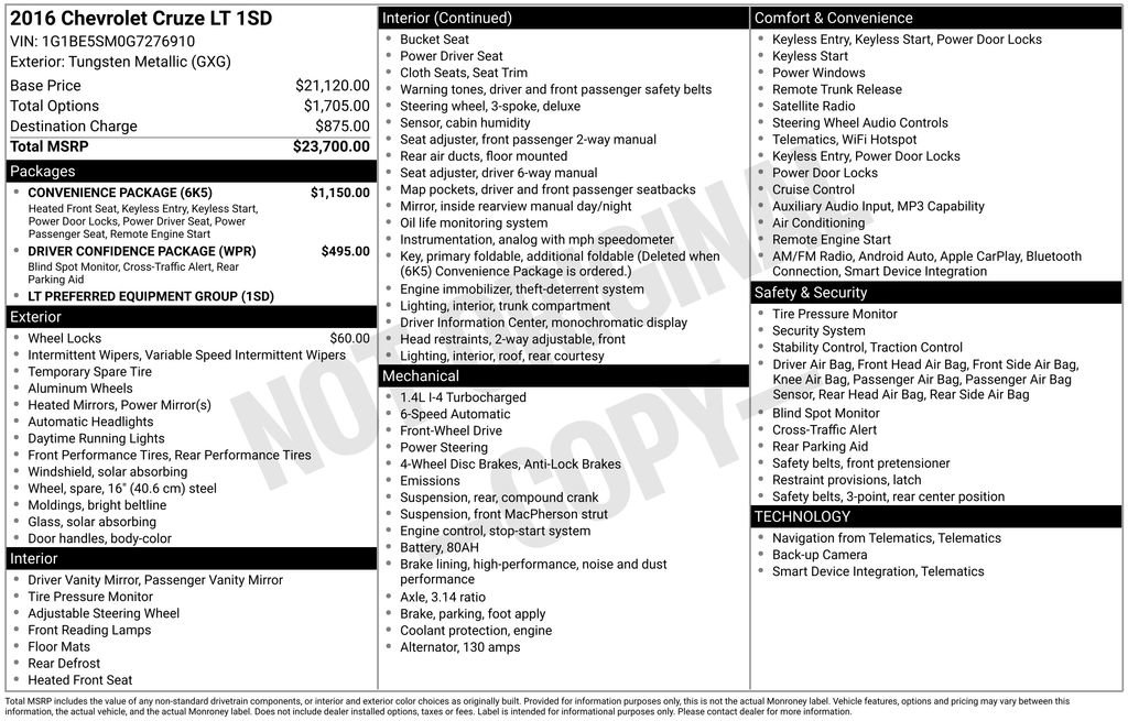 Used 2016 Chevrolet Cruze LT w/ Convenience Package FWD image 15
