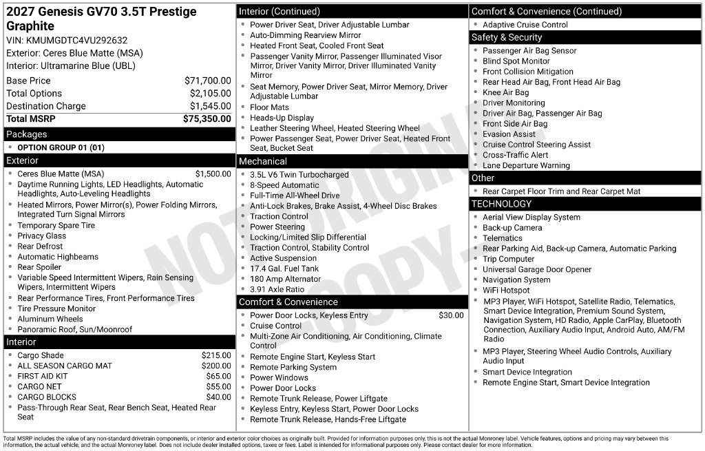 New 2027 Genesis GV70 3.5T Prestige AWD/4WD image 4