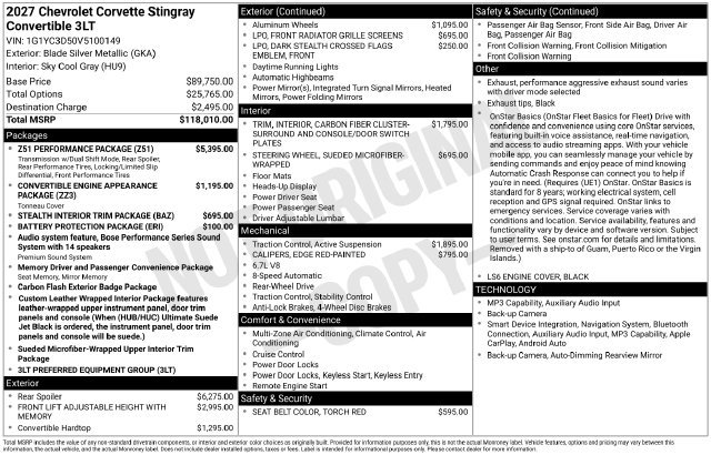 New 2027 Chevrolet Corvette Stingray Convertible w/ 3LT RWD image 33
