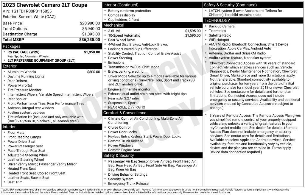 Used 2023 Chevrolet Camaro LT w/ RS Package RWD image 9