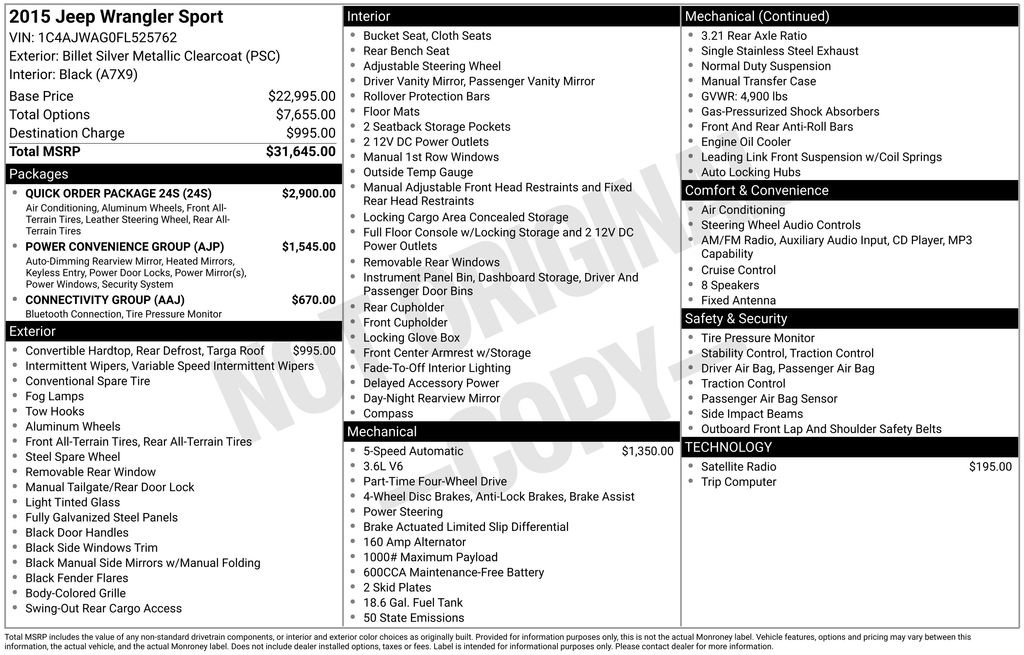 Used 2015 Jeep Wrangler Sport w/ Quick Order Package 24S image 7