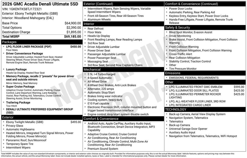 New 2026 GMC Acadia Denali Ultimate w/ LPO, Floor Liner Package image 38