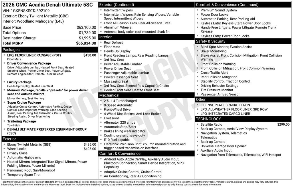 New 2026 GMC Acadia Denali Ultimate w/ LPO, Floor Liner Package FWD image 6