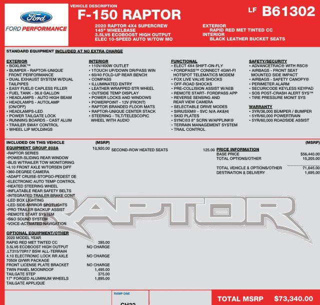 Used 2020 Ford F150 Raptor w/ Equipment Group 802A Luxury image 2