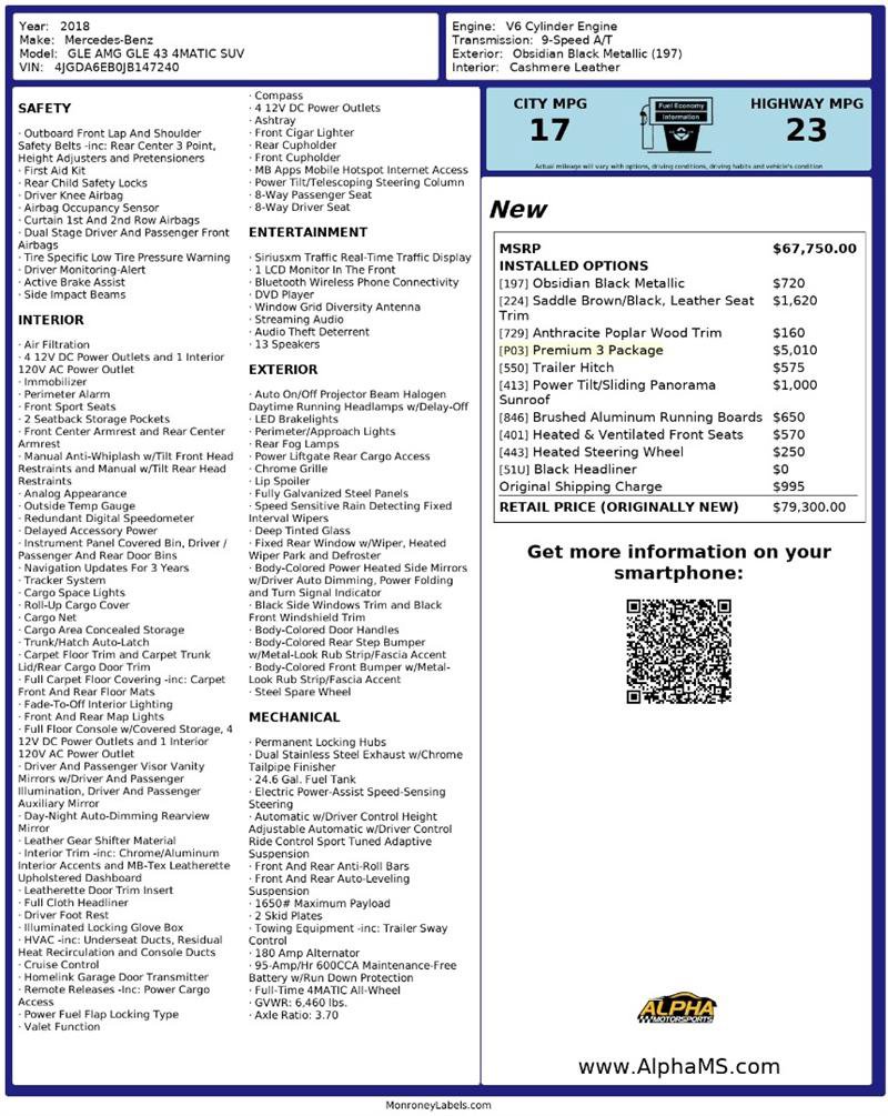 Used 2018 Mercedes-Benz GLE 43 AMG 4MATIC w/ Premium 3 Package image 3