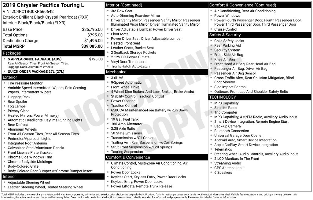 Used 2019 Chrysler Pacifica Touring-L w/ S Appearance Package FWD image 32