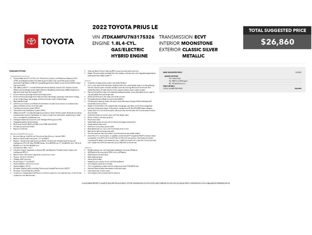 Used 2022 Toyota Prius LE FWD image 2