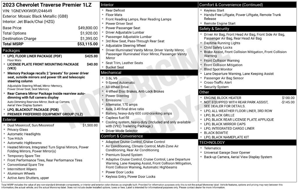 Used 2023 Chevrolet Traverse Premier w/ LPO, Floor Liner Package AWD/4WD image 19