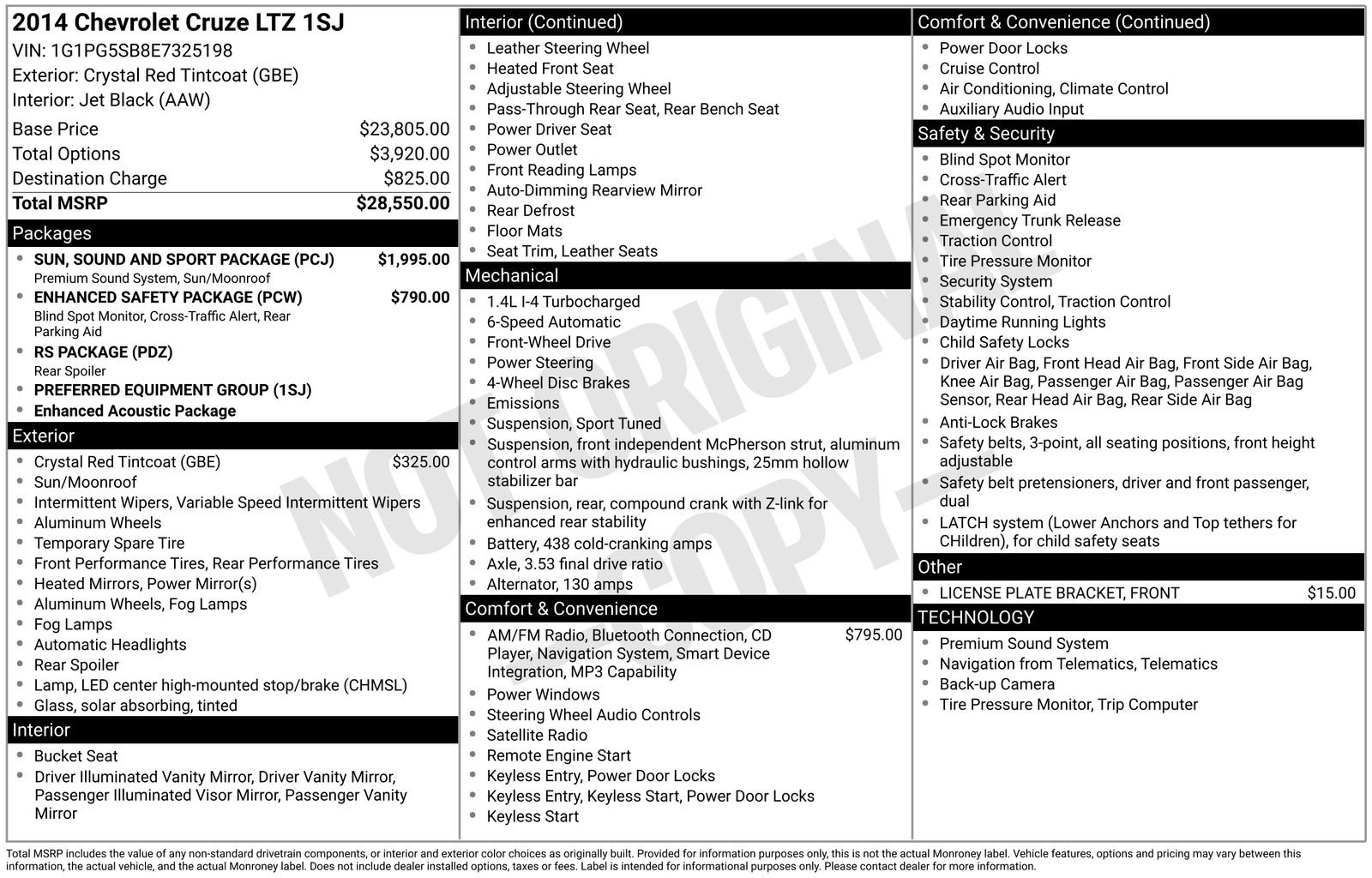 Used 2014 Chevrolet Cruze LTZ w/ Sun, Sound and Sport Package FWD image 5