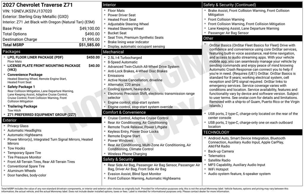 New 2027 Chevrolet Traverse Z71 w/ LPO, Floor Liner Package AWD/4WD image 25