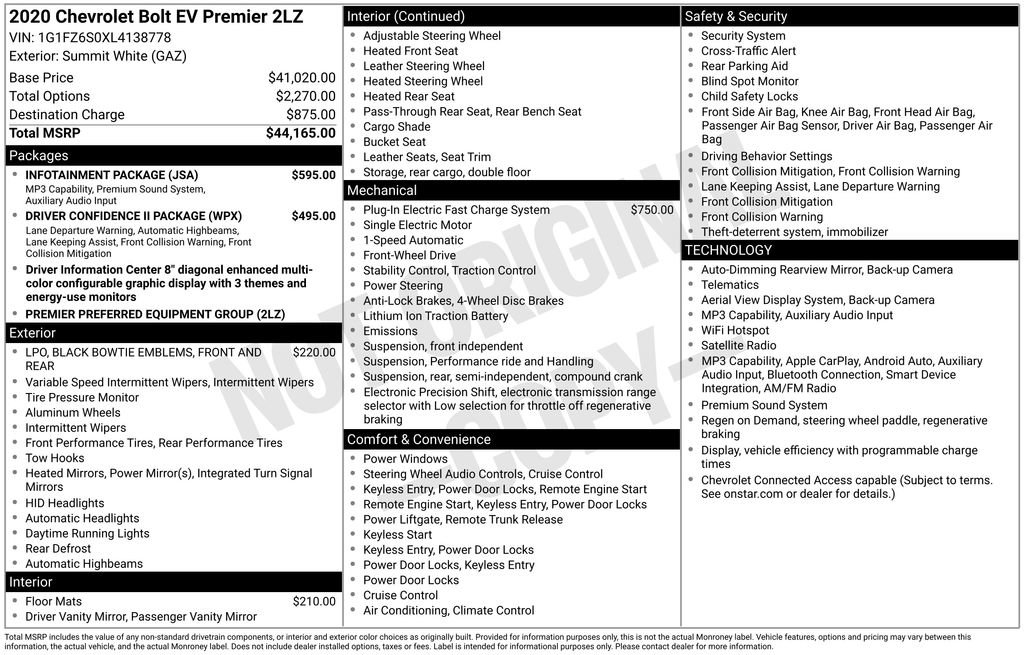 Used 2020 Chevrolet Bolt Premier w/ Infotainment Package FWD image 4
