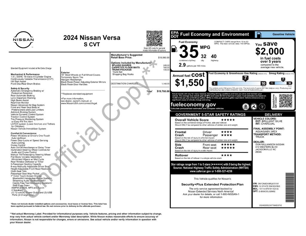 Used 2024 Nissan Versa S w/ Trunk Package FWD image 6