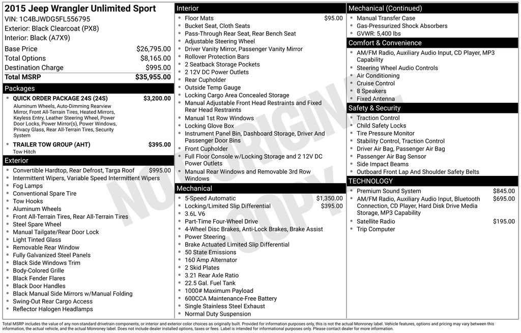 Used 2015 Jeep Wrangler Unlimited Sport w/ Quick Order Package 24S AWD/4WD image 5