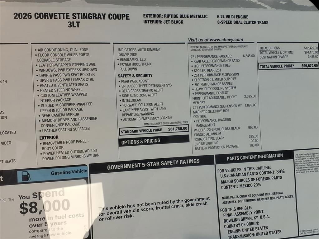 New 2026 Chevrolet Corvette Stingray Premium Cpe w/ Z51 Performance Package RWD image 32