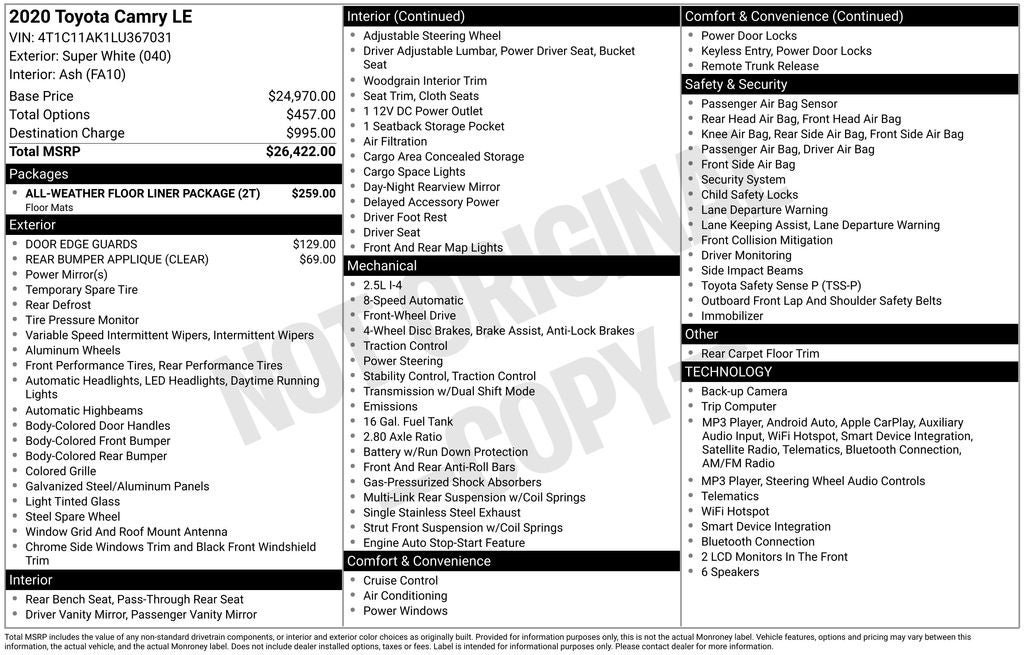 Certified 2020 Toyota Camry LE FWD image 2