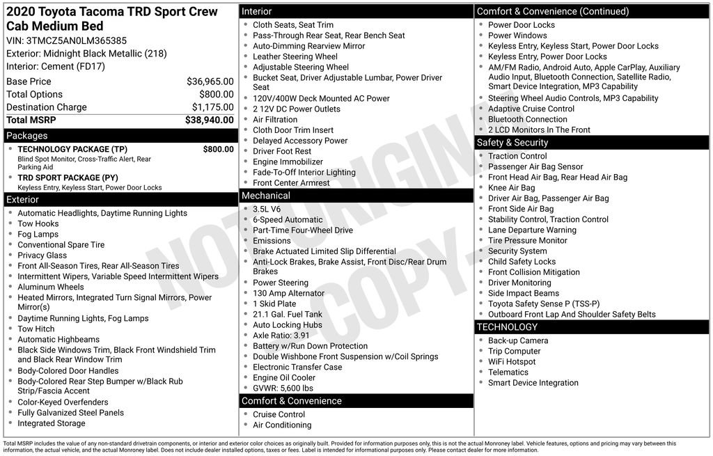 Certified 2020 Toyota Tacoma TRD Sport w/ Technology Package AWD/4WD image 3