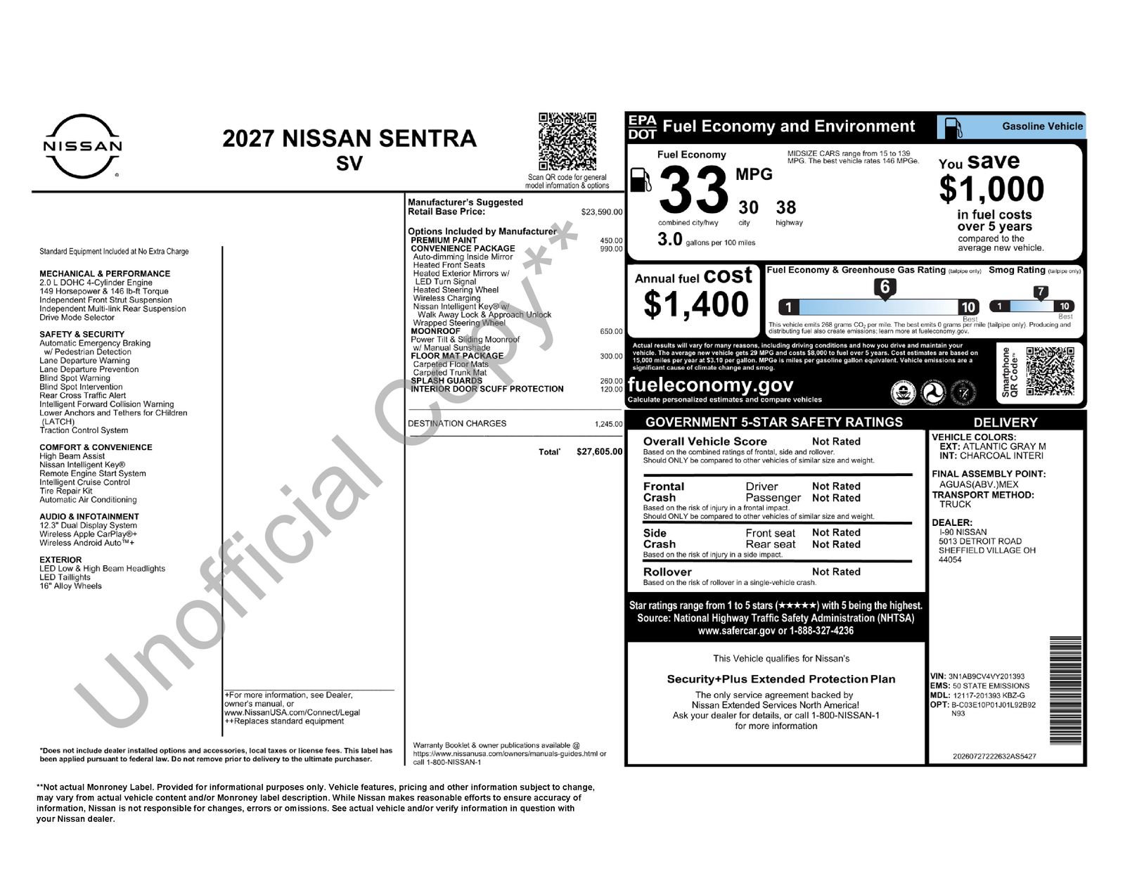 New 2027 Nissan Sentra SV w/ SV Convenience Package FWD image 5