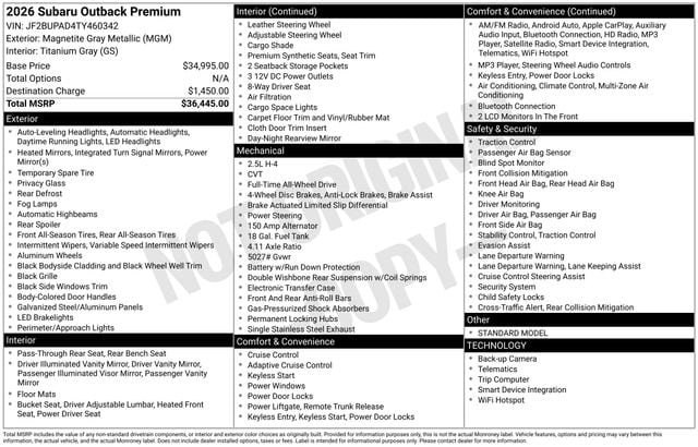 New 2026 Subaru Outback Premium AWD/4WD image 4